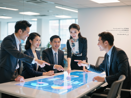 现代办公环境中多人团队会议讨论场景，背景有智能屏幕显示数据分析图表，明亮自然光，商务风格